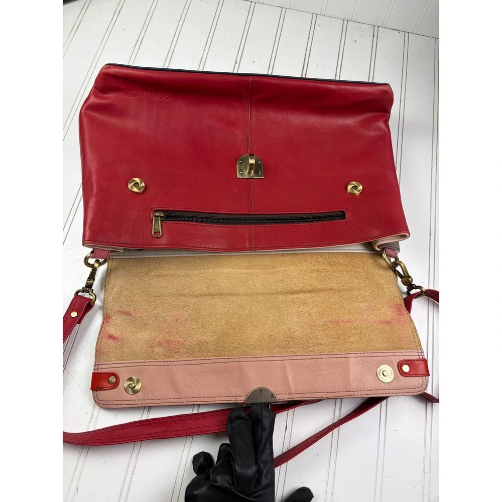 Soruka Oreleans Vintage Y2K Red Leather Leopard Print Crossbody Satchel Bag $170